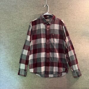 Hollister Men's Stretch Flannel Plaid Shirt - Burgundy and Gray Pla- Size Medium